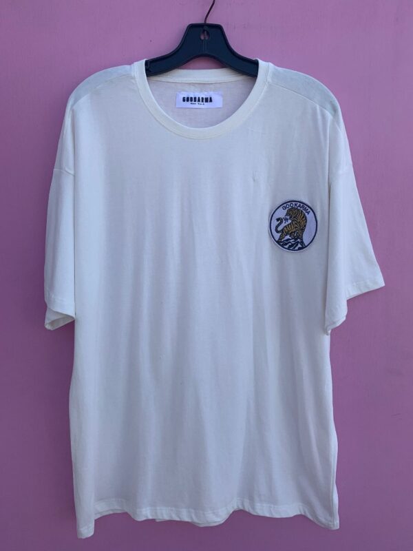 product details: CUSTOM MADE RECYCLED TEXTILE CLASSIC WHITE TEE WITH EMBROIDERED TIGER PATCH photo
