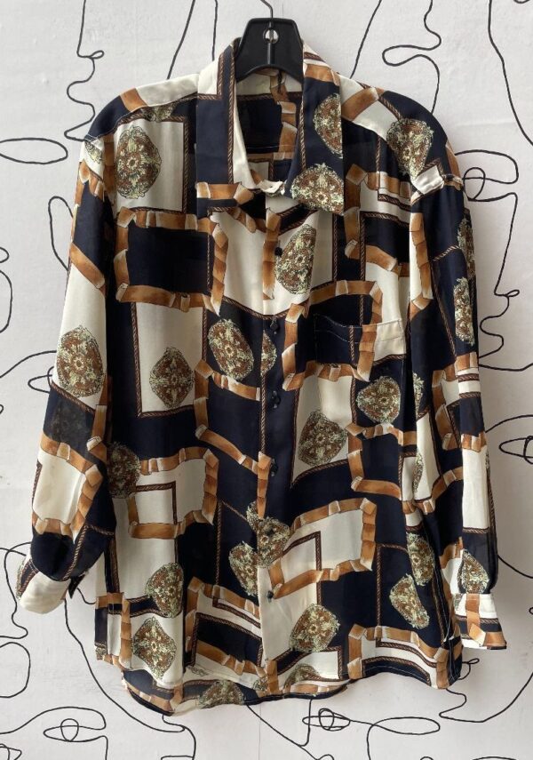 product details: SHEAR BAROQUE PRINT LONG SLEEVE BUTTON-UP SHIRT UNUSUAL SQUARE BUTTONS photo