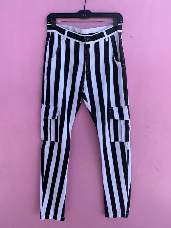 product details: AMAZING! BLACK & WHITE VERTICAL STRIPED BURALP COTTON PANTS WITH CARGO POCKETS photo