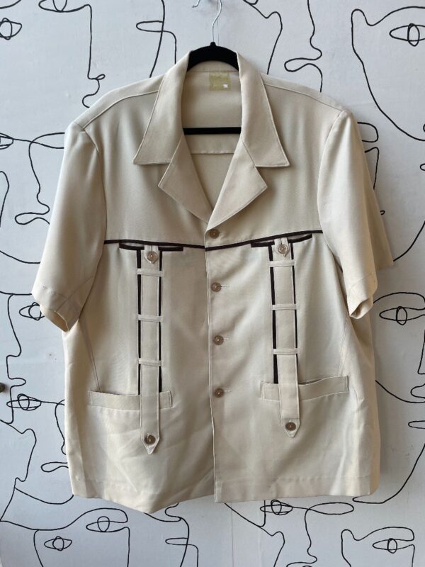 product details: 1970S CUBAN BOXY SHORT SLEEVE BUTTON-UP POLYESTER SHIRT PADDED SHOULDERS photo