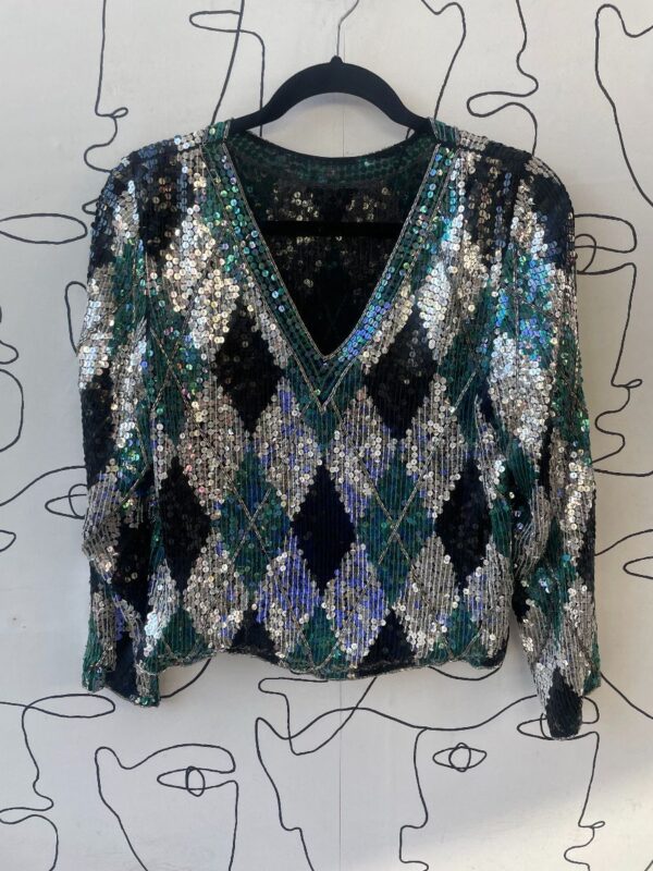 product details: FUN 1980S HARLEQUIN DESIGN FULLY SEQUINED TOP SILK LINING photo