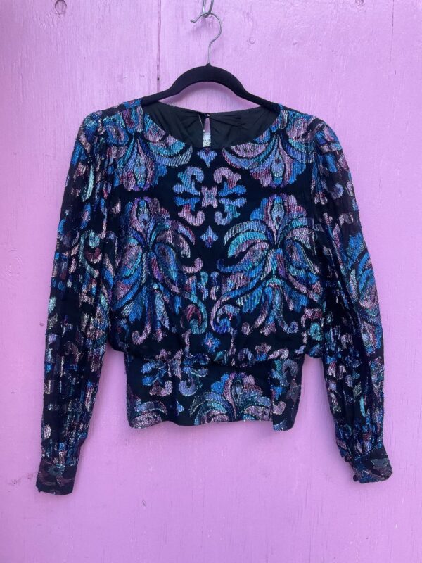 product details: 1980S TINSEL STRUCTURED WAIST BLOUSE PUFF SHOULDER photo