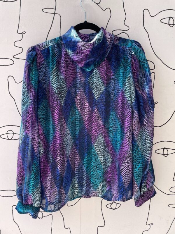 product details: KILLER 1980S SHEER COWL SCARF NECK PASTEL CHEVRON PRINTED BLOUSE photo