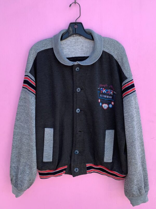 product details: 90S BUGLE BOY COLLARED BUTTON UP W/ STRIPED SLEEVE SWEATSHIRT AS-IS photo