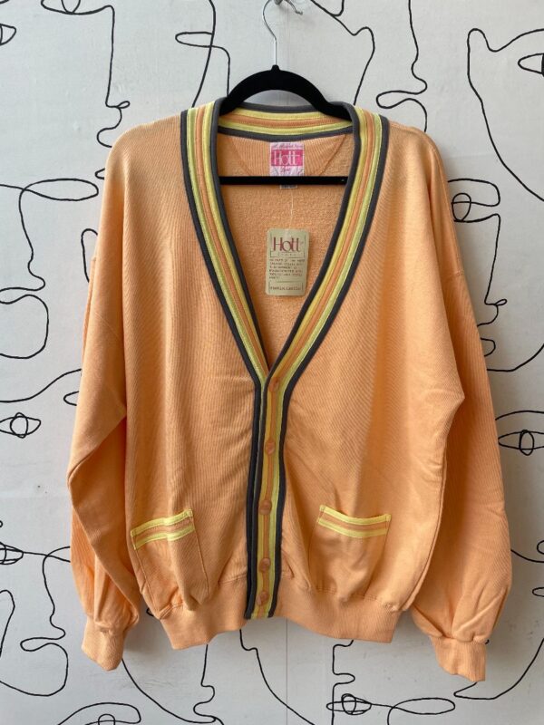 product details: 1980S DEADSTOCK 100% COTTON SORBET COLORED CARDIGAN SWEATER STRIPED COLLAR photo