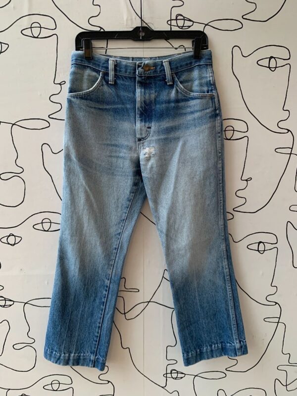 product details: KILLER RETRO HIGH RISE CREASED & FADED JEANS *HEM TAKEN UP* PERFECT COLOR photo