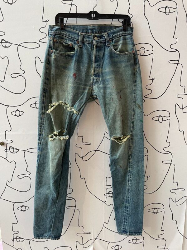 product details: CUSTOM HEAVILY DISTRESSED OVER DYED SELVEDGE DENIM JEANS *RECONSTRUCTED GREEN THREAD* photo
