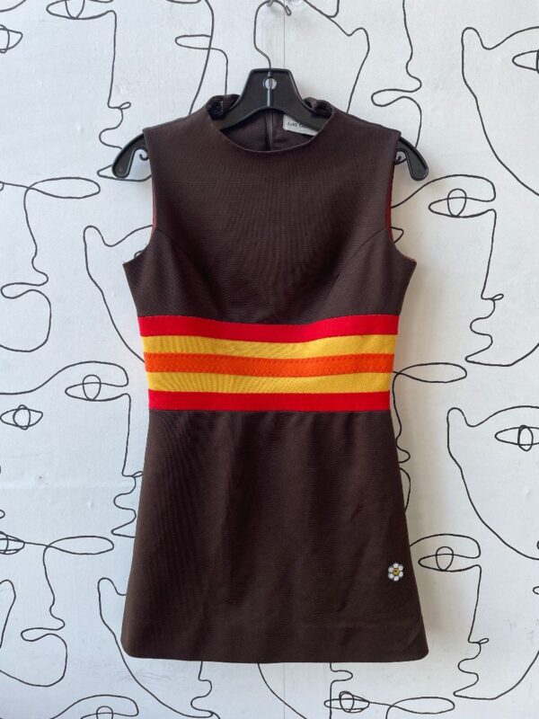 product details: ADORABLE 1960S SLEEVELESS MINI DRESS WITH HORIZONTAL STRIPE WAISTBAND & FLOWER PATCHES photo