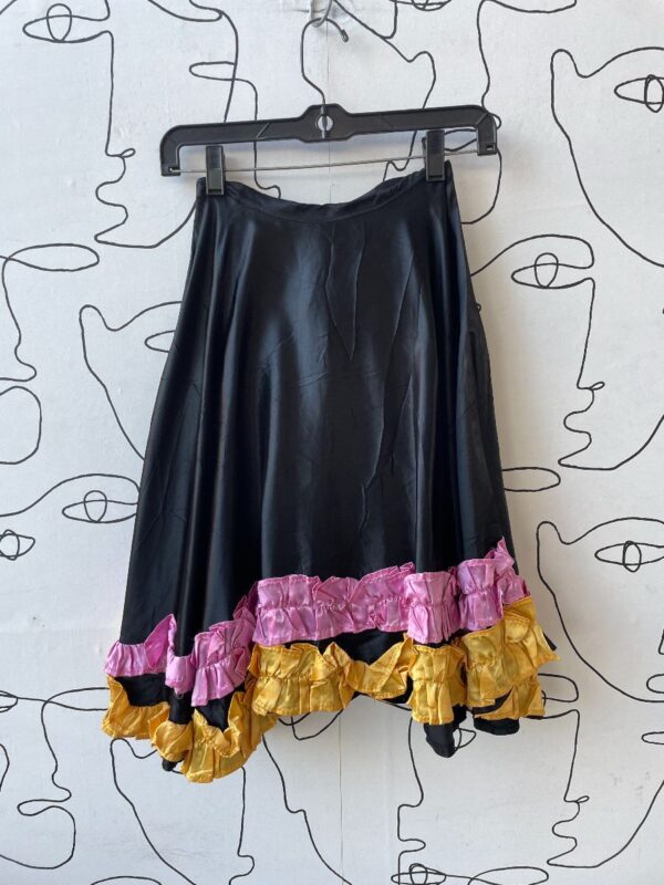 product details: AMAZING SHINY SATIN ACETATE A-LINE SKIRT WITH TWO TONE RUFFLE DETAILS photo