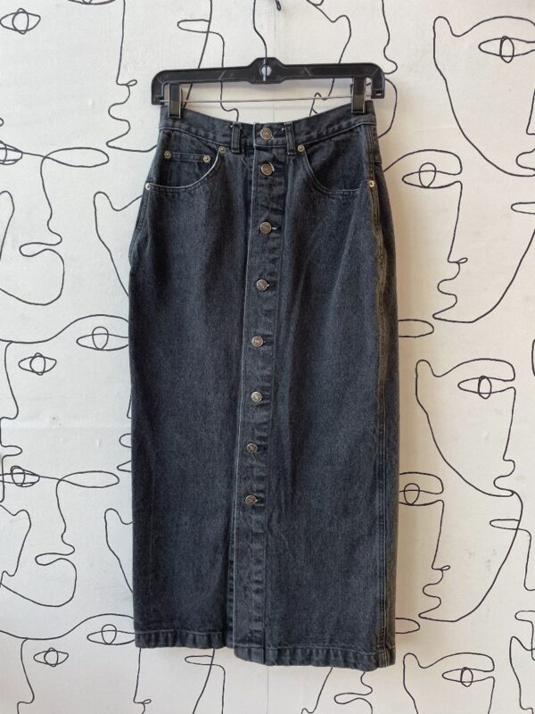 product details: KILLER 1980S-90S BLACK WASHED LONG SLIM CUT FULLY BUTTON DOWN DENIM SKIRT photo