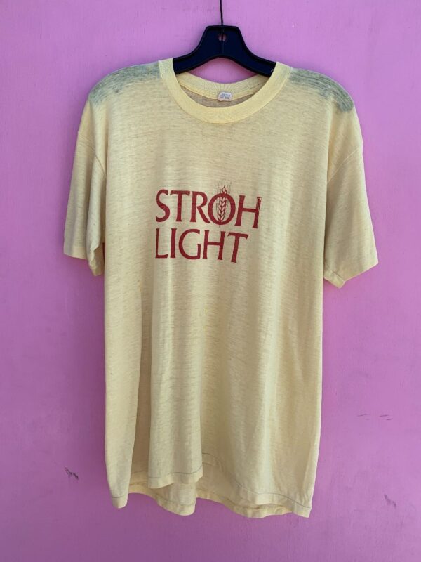 product details: PAPER THIN THREADBARE STROH LIGHT BEER GRAPHIC T-SHIRT AS IS photo