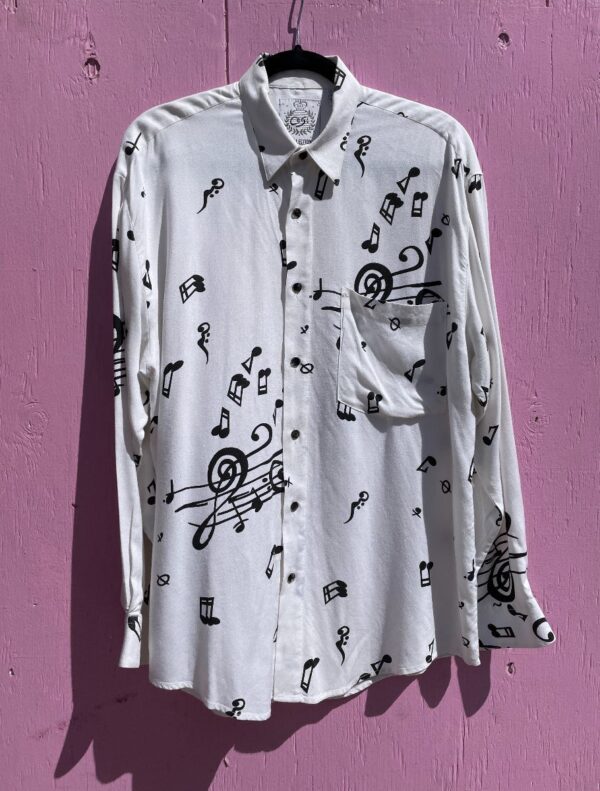 product details: 1980S ALLOVER MUSIC NOTE PRINTED RAYON BLOUSE photo