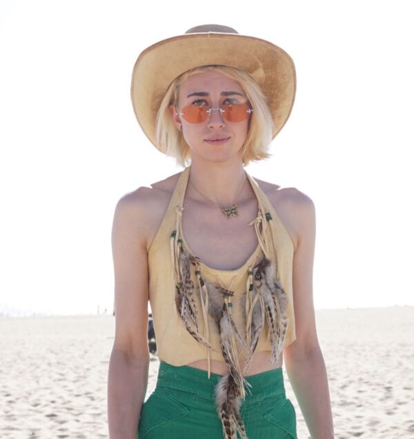 product details: AS-IS FEATHER & BEAD EMBELLISHED SUEDE HALTER CROP TOP photo