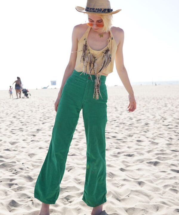 product details: AS-IS 1970S HIGH RISE GREEN CORDUROY FLARES WITH FUN YOKE DETAILS photo