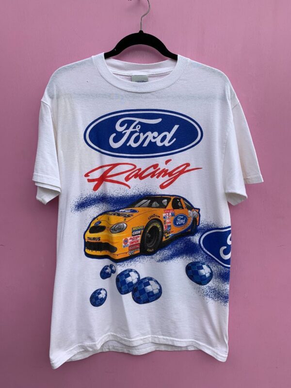 product details: VINTAGE TAURUS NASCAR FORD RACING LARGE ALLOVER GRAPHIC PRINT T-SHIRT photo