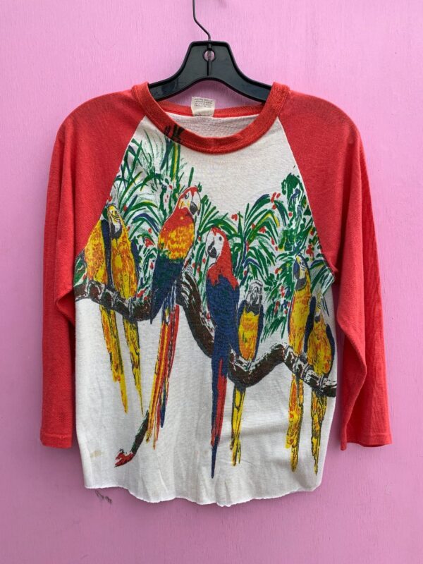 product details: VINTAGE TROPICAL MACAW GRAPHIC ON RAGLAN BASEBALL SINGLE STITCH T-SHIRT photo