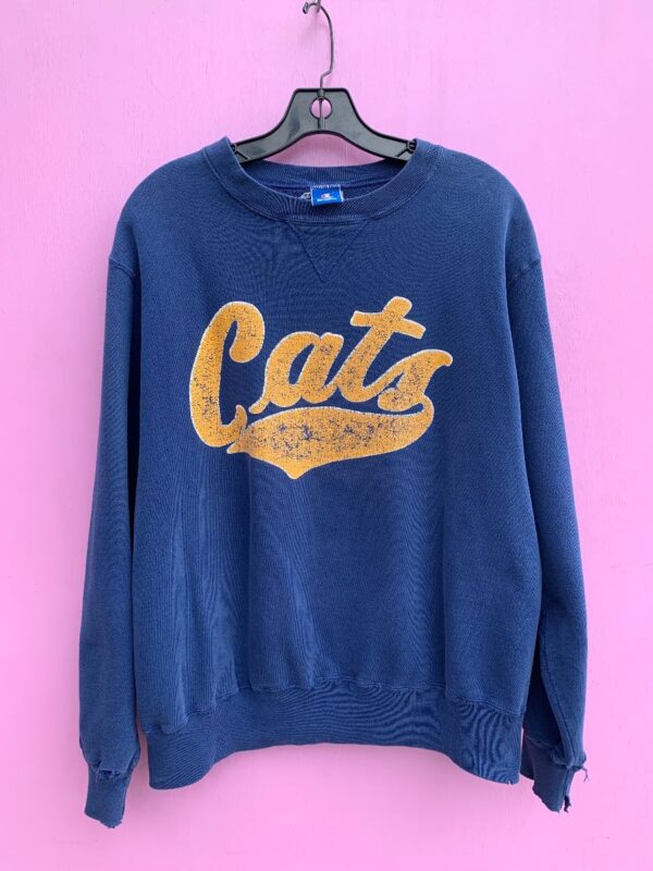 product details: VINTAGE CHAMPION CATS GRAPHIC PULLOVER SWEATSHIRT WITH DISTRESSED SLEEVES AS-IS photo