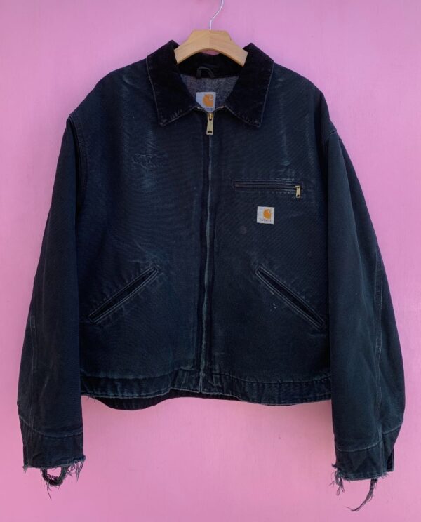 product details: PERFECTLY TATTERED & FADED CARHARTT WORKWEAR ZIPUP JACKET W/ BLANKET LINING AND CORDUROY COLLAR photo