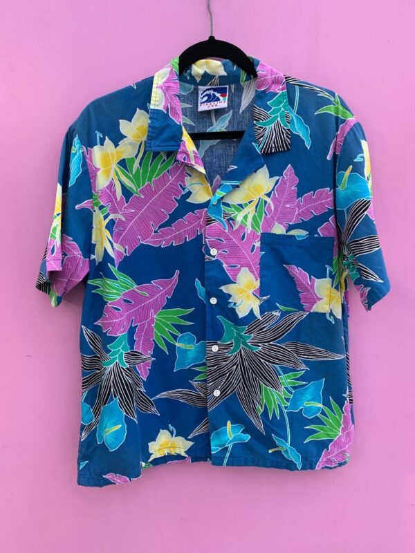 product details: RAD 1980S 100% COTTON FUNKY PRINT SHORT SLEEVE BUTTON DOWN TROPICAL PRINT HAWAIIAN SURF SHIRT photo