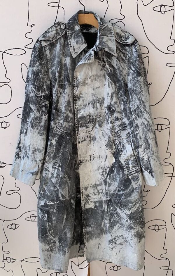 product details: SUPER RAD CUSTOM PAINT SPLATTERED BUTTON UP TRENCH COAT photo