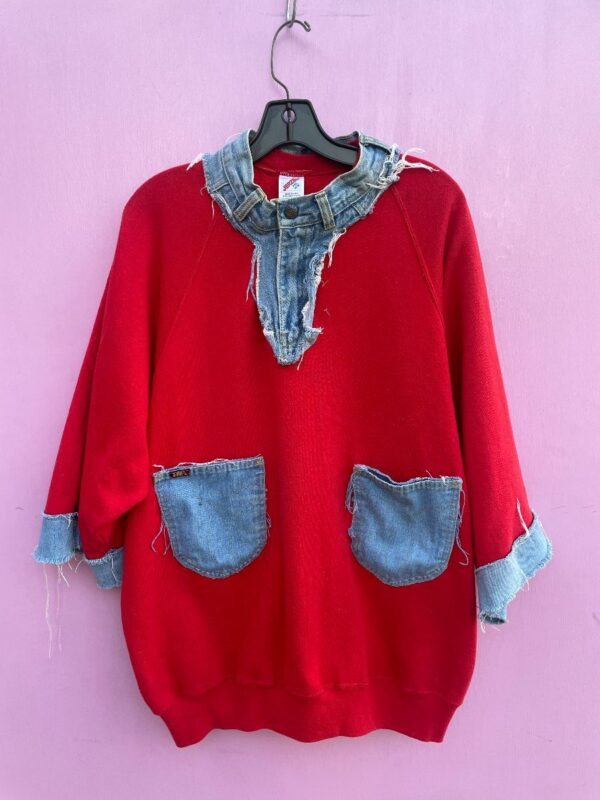 product details: UNUSUAL 1980S REPURPOSED PULLOVER SWEATSHIRT W/ DENIM COLLAR, CUFFS AND POCKETS photo