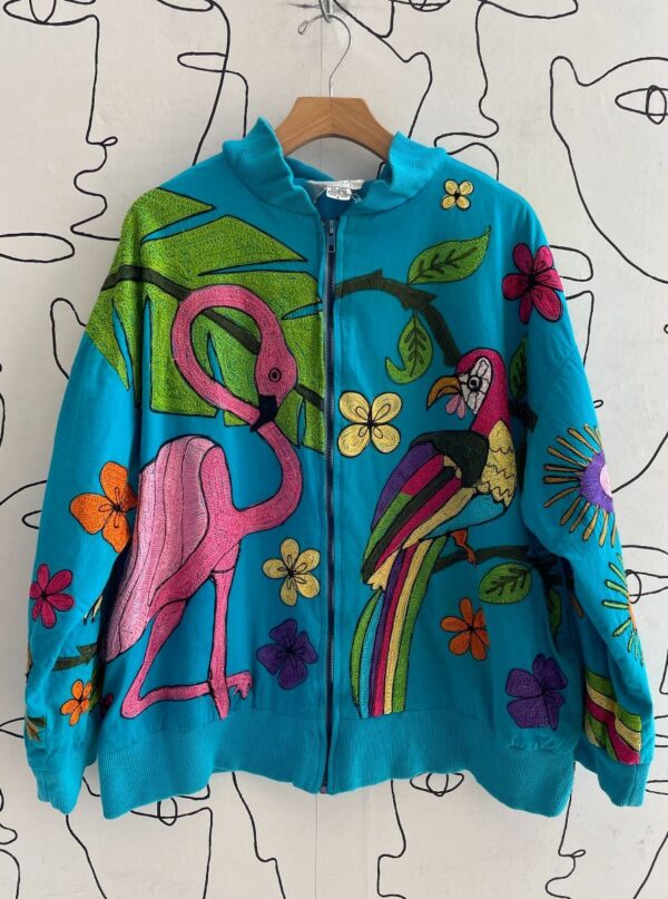 product details: 1990S CHAIN STITCH EMBROIDERED TROPICAL FLAMINGO DESIGN COTTON BOMBER JACKET photo