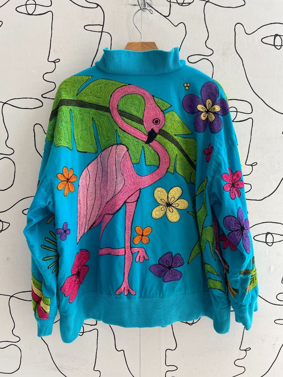 1990s Chain Stitch Embroidered Tropical Flamingo Design Cotton Bomber ...