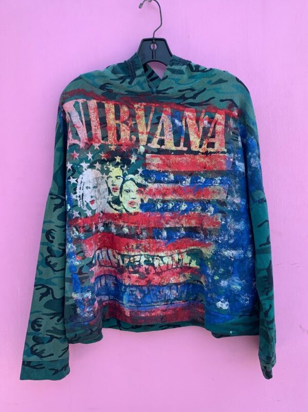 product details: NIRVANA SMILE AND AMERICAN FLAG HAND-PAINTED ON FRENCH TERRY CAMOUFLAGE HOODIE photo