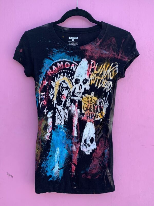 product details: RAMONES PUNKS NOT DEAD HAND PAINTED FRONT GRAPHIC CUSTOM BLEACHED T-SHIRT photo