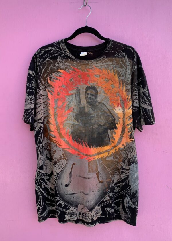 product details: JOHNNY CASH HAND PAINTED FRONT AND BACK GRAPHIC FLORAL AND GUITAR ALL OVER PRINT T-SHIRT photo