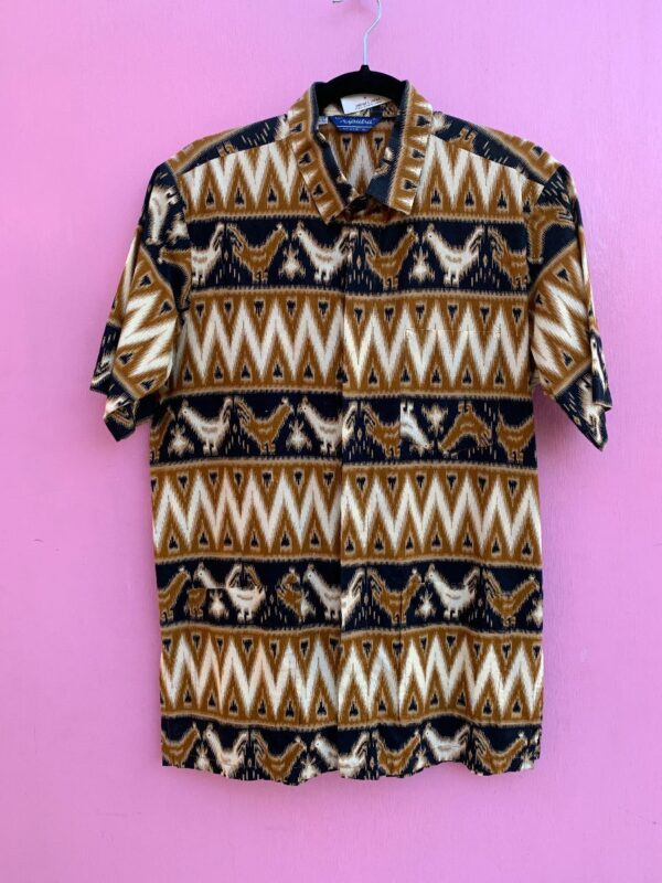product details: BATIK SHORT SLEEVE BUTTON DOWN SHIRT WITH IKAT ROOSTERS PRINT 3 FRONT POCKETS photo