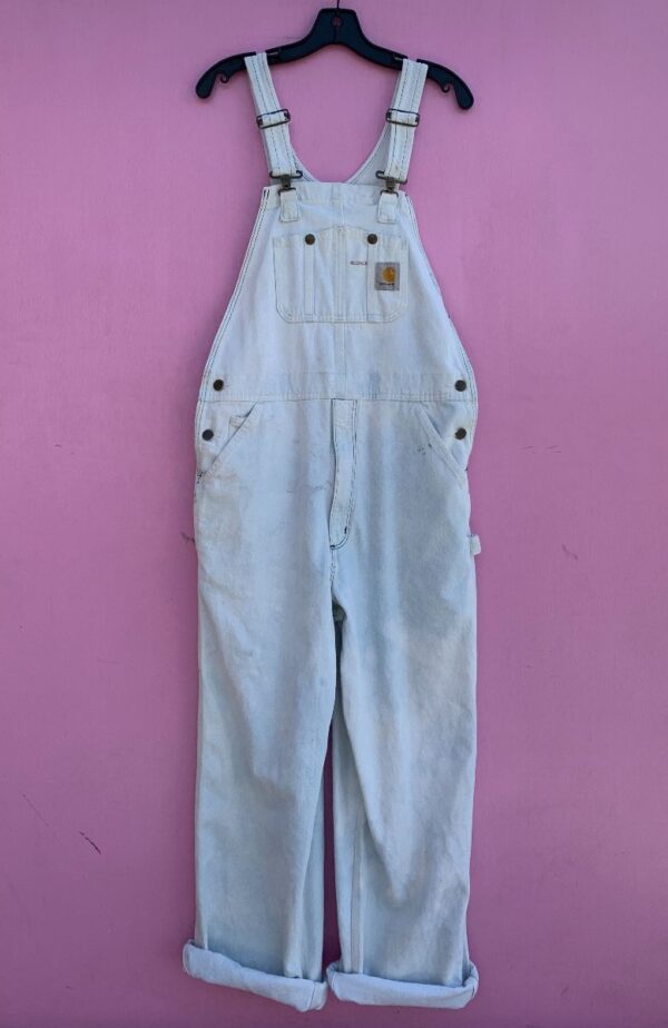 product details: AMAZING DISTRESSED CARHARTT WHITE DENIM OVERALLS photo