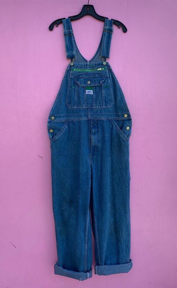 product details: NICE RETRO LIBERTY CLASSIC BLUE DENIM OVERALLS GREEN CONTRAST photo