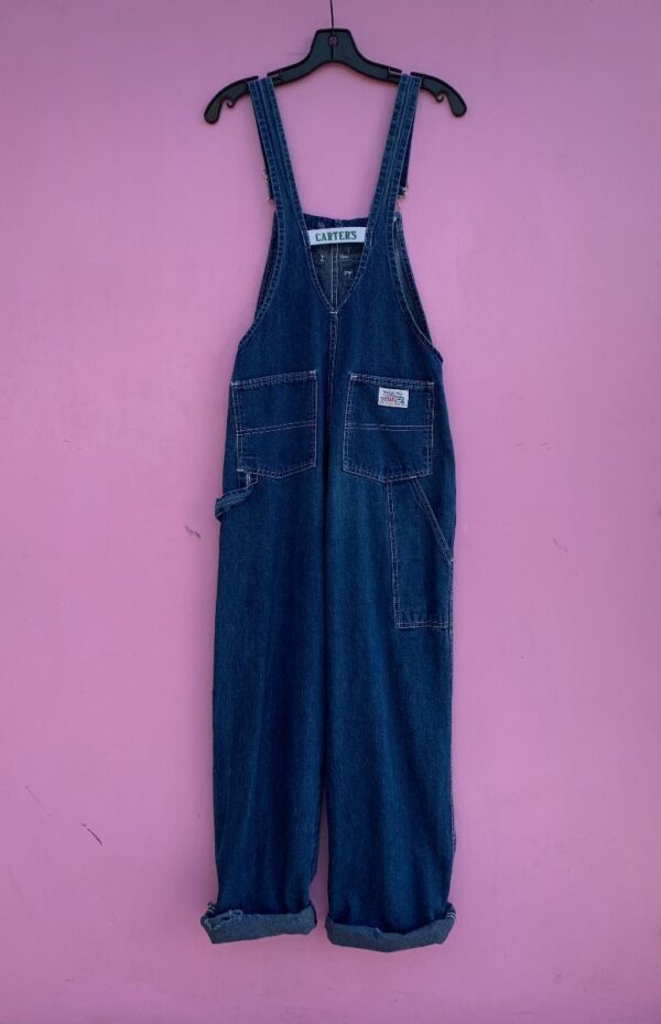 product details: CLASSIC DARK WASH DENIM OVERALLS CONTRAST STITCHING SMALL FIT FUN FRONT POCKET AS-IS photo