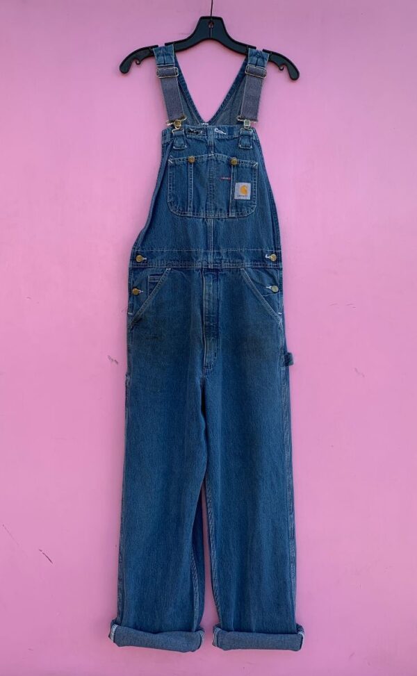 product details: CARHARTT DENIM CARPENTER OVERALLS W/ ELASTIC STRAPS *SMALL FIT AS-IS photo