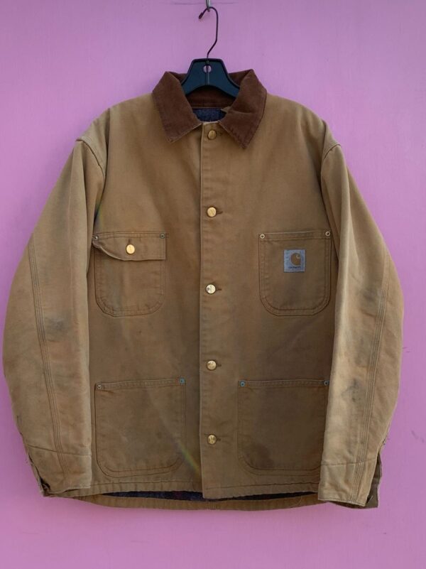 product details: THICK CARHARTT BUTTON UP DENIM JACKET W/ CORDUROY COLLAR AND BLANKET LINING photo