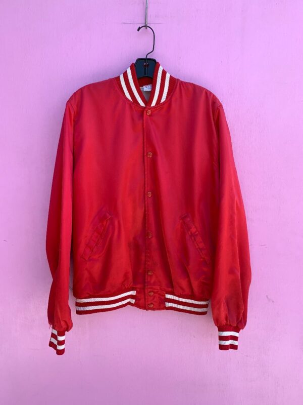 product details: SATIN BUTTON UP SPORTS JACKET W/ STRIPED CUFFS AS-IS photo