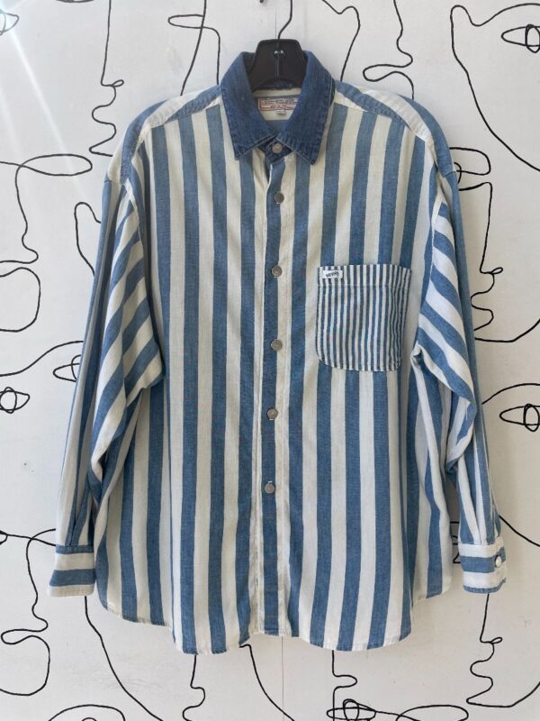 product details: KILLER STRIPED CHAMBRAY LONG SLEEVE BUTTON DOWN SHIRT photo