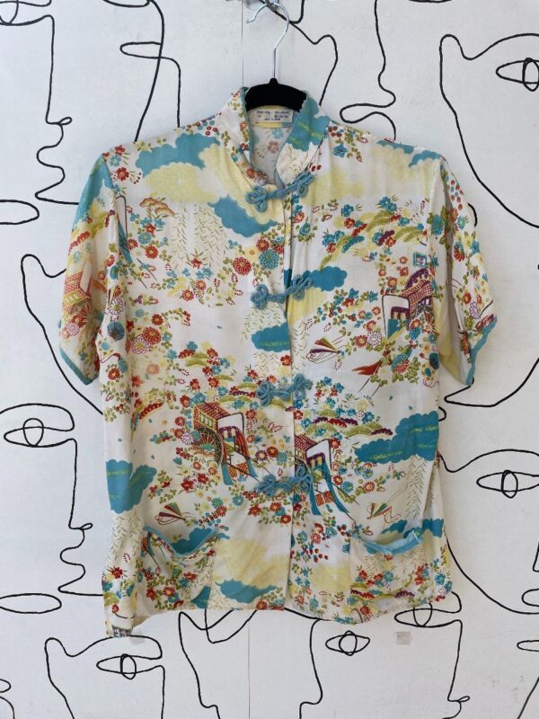 product details: AS-IS CUTE JAPANESE PRINT MANDARIN COLLAR BLOUSE WITH POCKETS & FROG BUTTONS photo