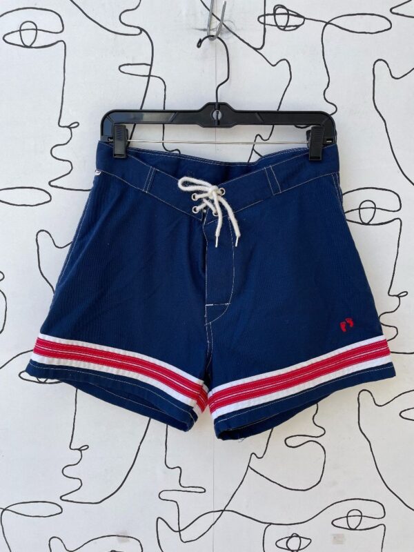 product details: SUPER RETRO 1970S NAUTICAL STYLE NAVY & RED COTTON SWIM TRUNKS CORD DRAWSTRING photo