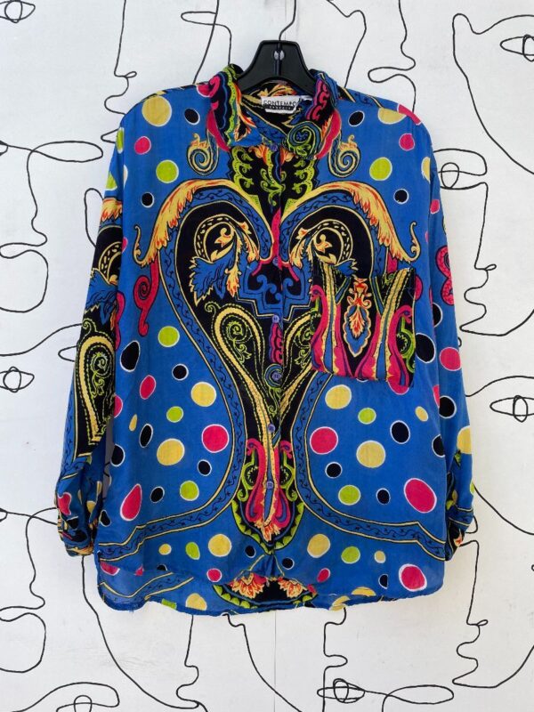product details: AS-IS 1990S VIBRANT PAISLEY POLKA DOT L/S BUTTON UP BLOUSE photo