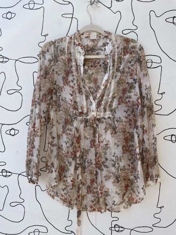 product details: AS-IS LONG SLEEVE SHEER FLORAL PRINT COTTON SMOCK BLOUSE photo