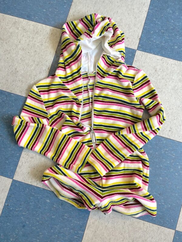 product details: AS-IS KILLER 1990S FULL ZIP MULTICOLORED STRIPED VELOUR HOODED ROMPER photo