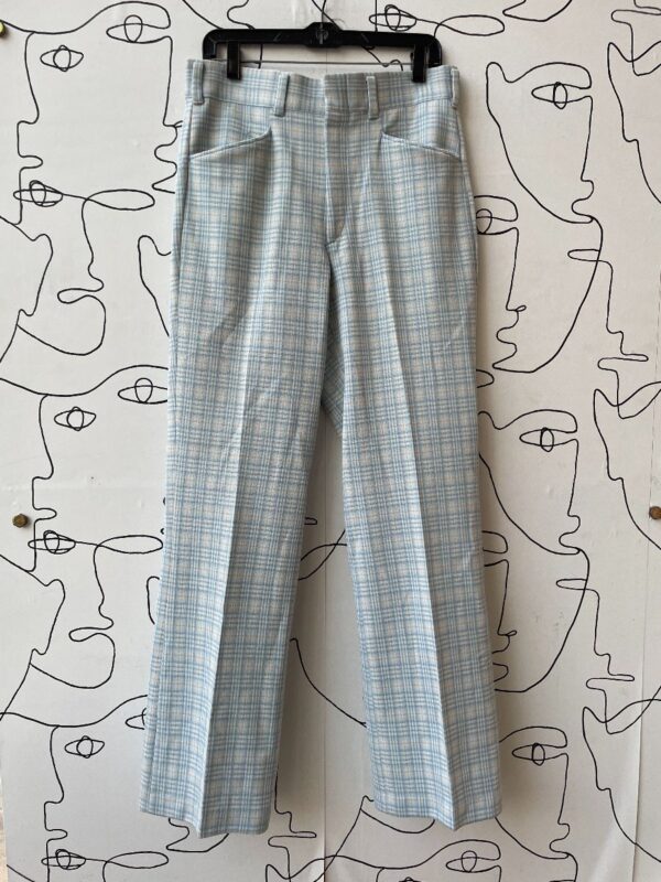 product details: RETRO 1970S BABY BLUE POLYESTER PLAID PANTS SHORT HEM AS-IS photo