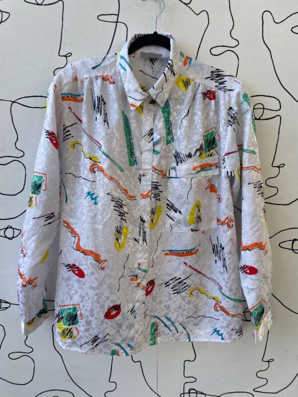 product details: 1980S ABSTRACT PRINT LS BD BLOUSE W/ SHOULDER PADS photo