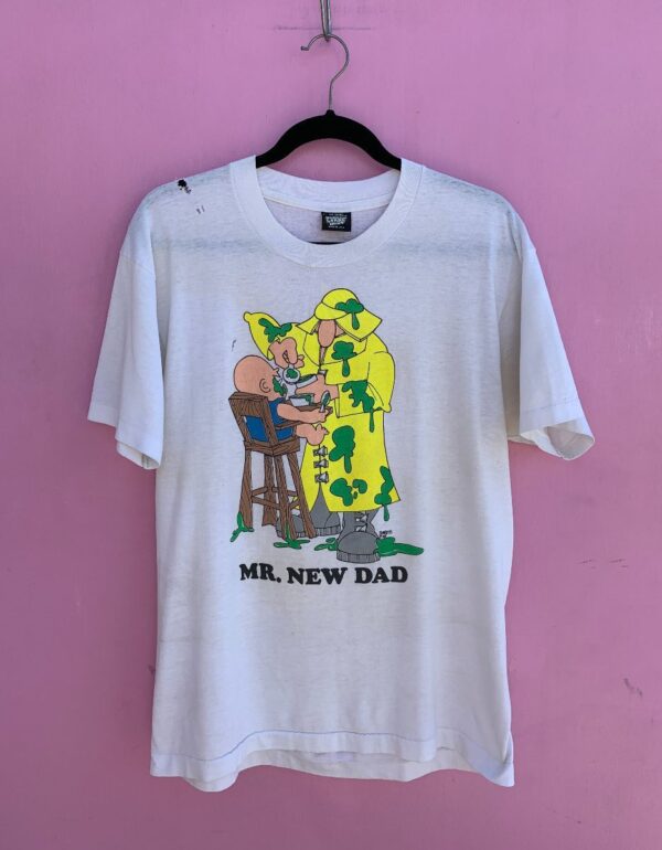 product details: VINTAGE JIM BENTON 1980S MR. NEW DAD HUMOR COMIC GRUNGE GRAPHIC SINGLE STITCH T-SHIRT AS-IS photo