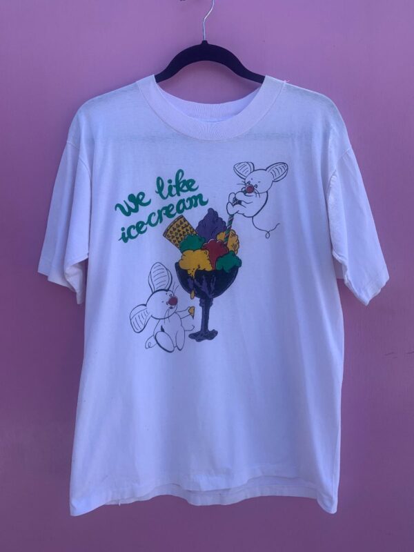 product details: AS-IS VINTAGE 1980S WE LIKE ICE CREAM GRAPHIC SINGLE STITCH SAMPLE T-SHIRT photo