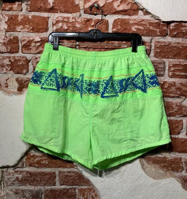 product details: 1980S NEON GREEN ABSTRACT TRIANGLE PATTERN GRAPHIC SWIM TRUNKS photo