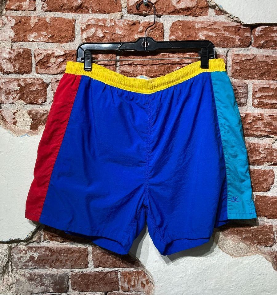 Vintage 1980s Colorful Primary Color Block Swim Trunks | Boardwalk Vintage