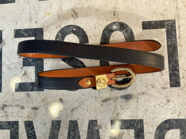 product details: NARROW CUT PEBBLED LEATHER BELT HEAVY BRASS BUCKLE photo